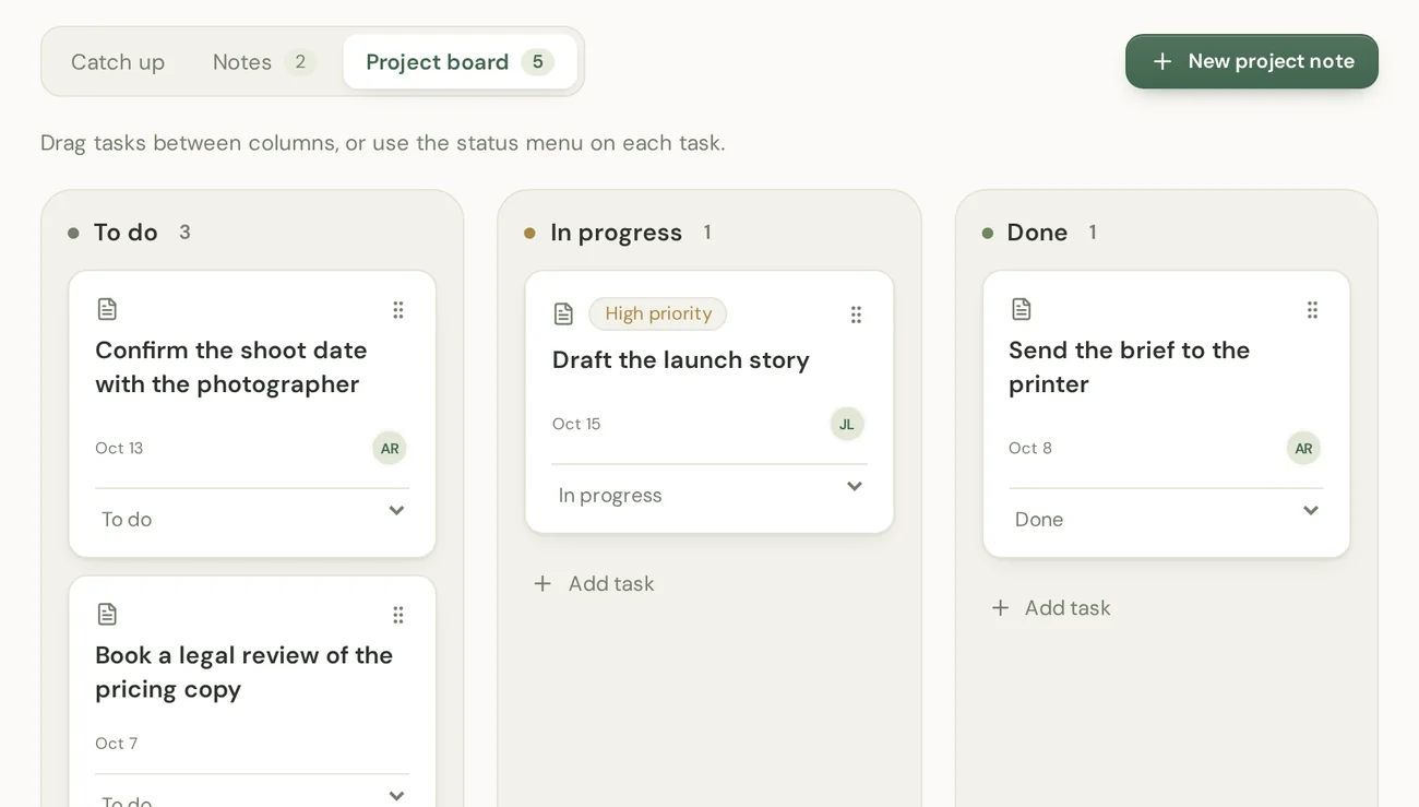 The Spring launch project board with tasks arranged in To do, In progress and Done columns.