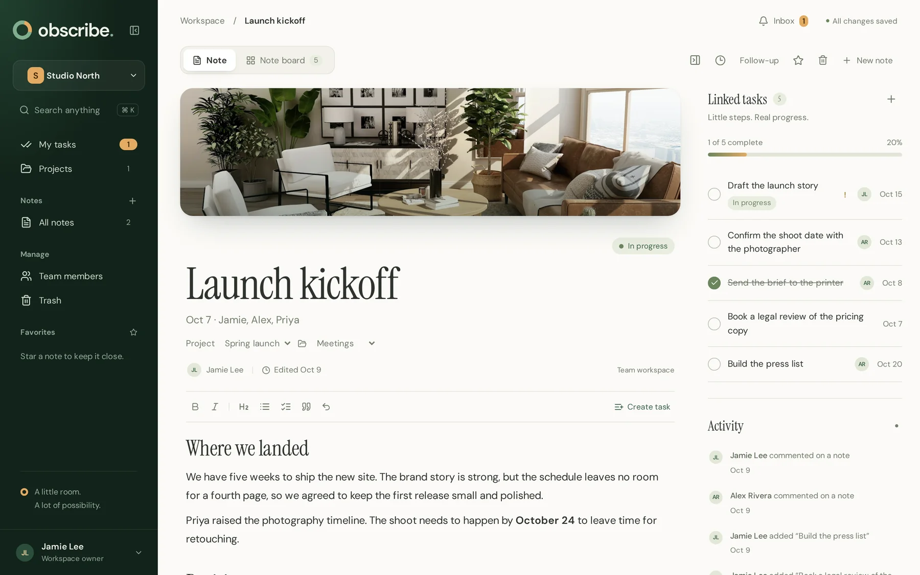 An Obscribe note titled Launch kickoff, with the meeting discussion on the left and its linked tasks, owners and due dates on the right.
