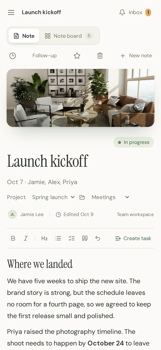 The Launch kickoff note on a phone, showing the note title, project, and meeting discussion.